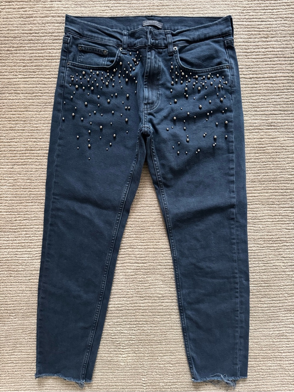 Zara Woman Denim Collection Navy Skinny Jeans W/Beaded Detail Distressed Ankle 8